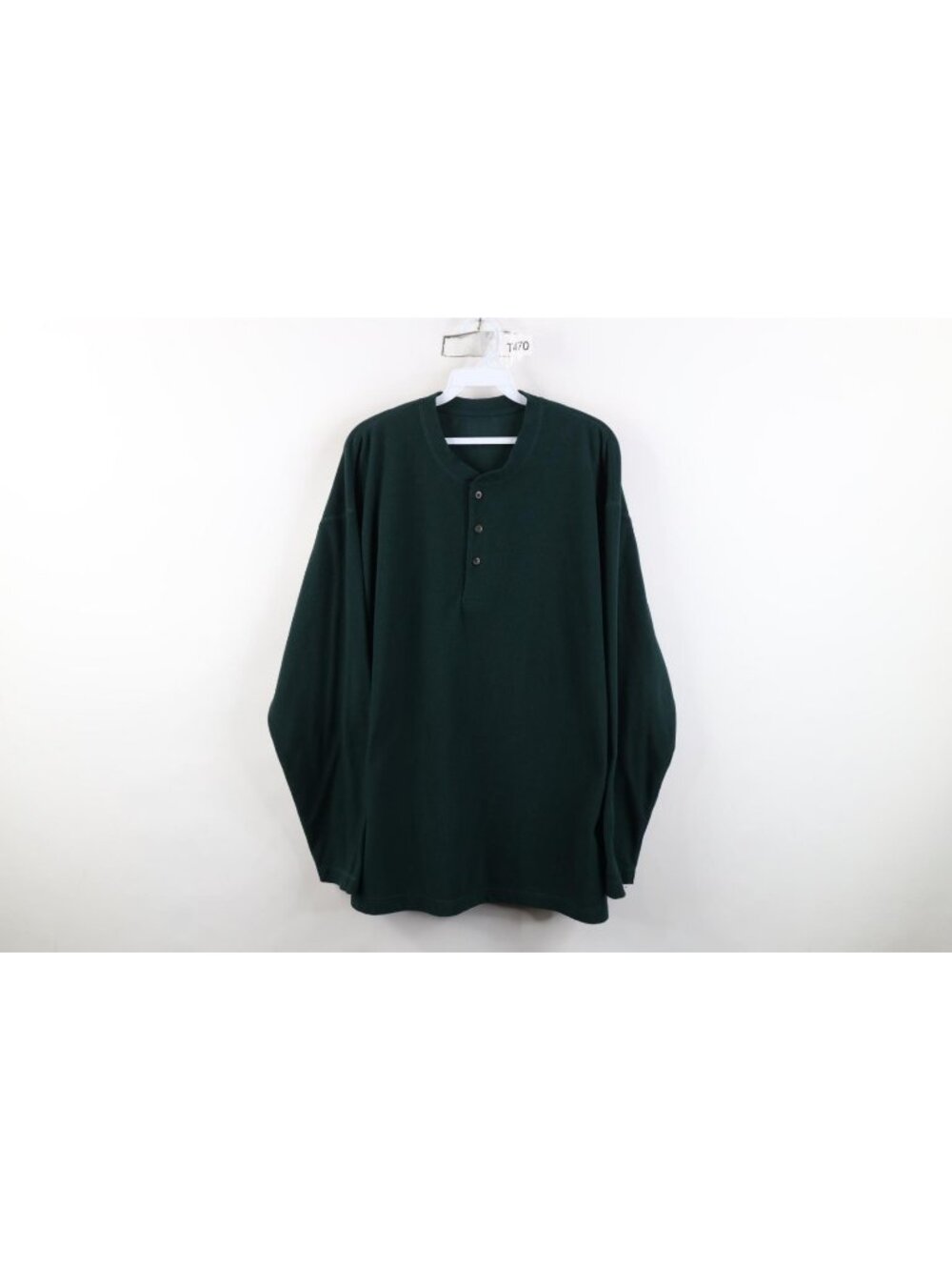 Vintage 90s Blank Fleece Henley Sweater Mens Size XL Hunter Green Long Sleeve